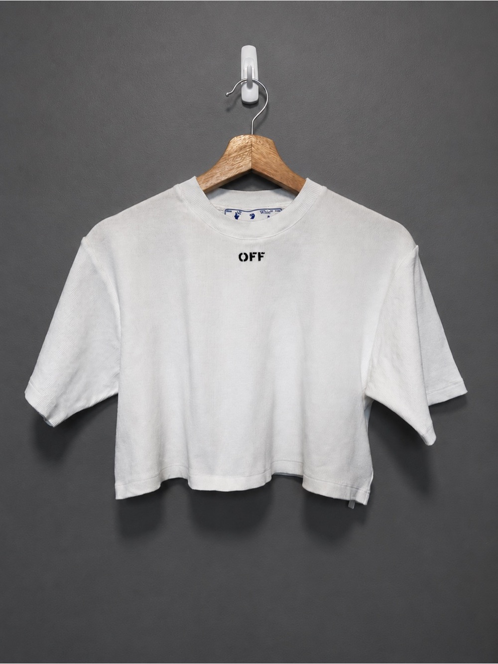 Off-White White Cropped Crewneck Tee with 'OFF' Neck Logo